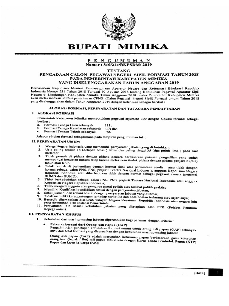 Pengumuman Pengadaan Cpns Formasi Thn 2018 Pemda Mimika Ta 2019 Pdf