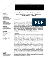 Repellency Properties of Oils From Plants Traditionally Used As Mosquito Repellents in Longido District, Tanzania