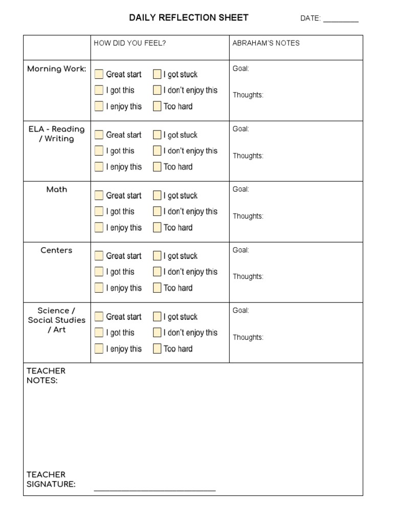 Daily Reflection Sheet Template | PDF | Self-Improvement