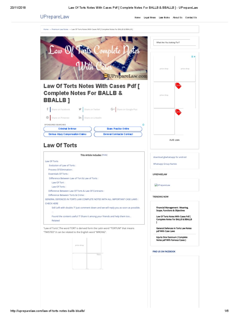 Law of Torts - LLB - Study Notes | PDF | Tort | Damages
