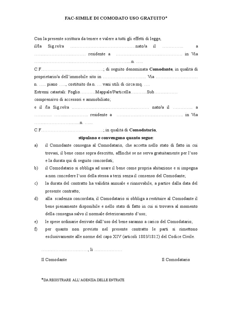 Risoluzione Consensuale Contratto Di Comodato D' Uso Gratuito