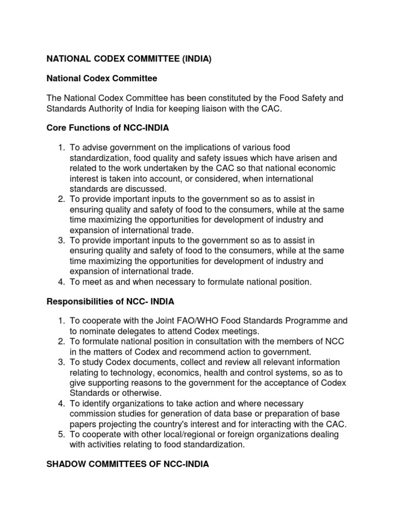 National Codex Committee of India | PDF | Food Safety | Foods