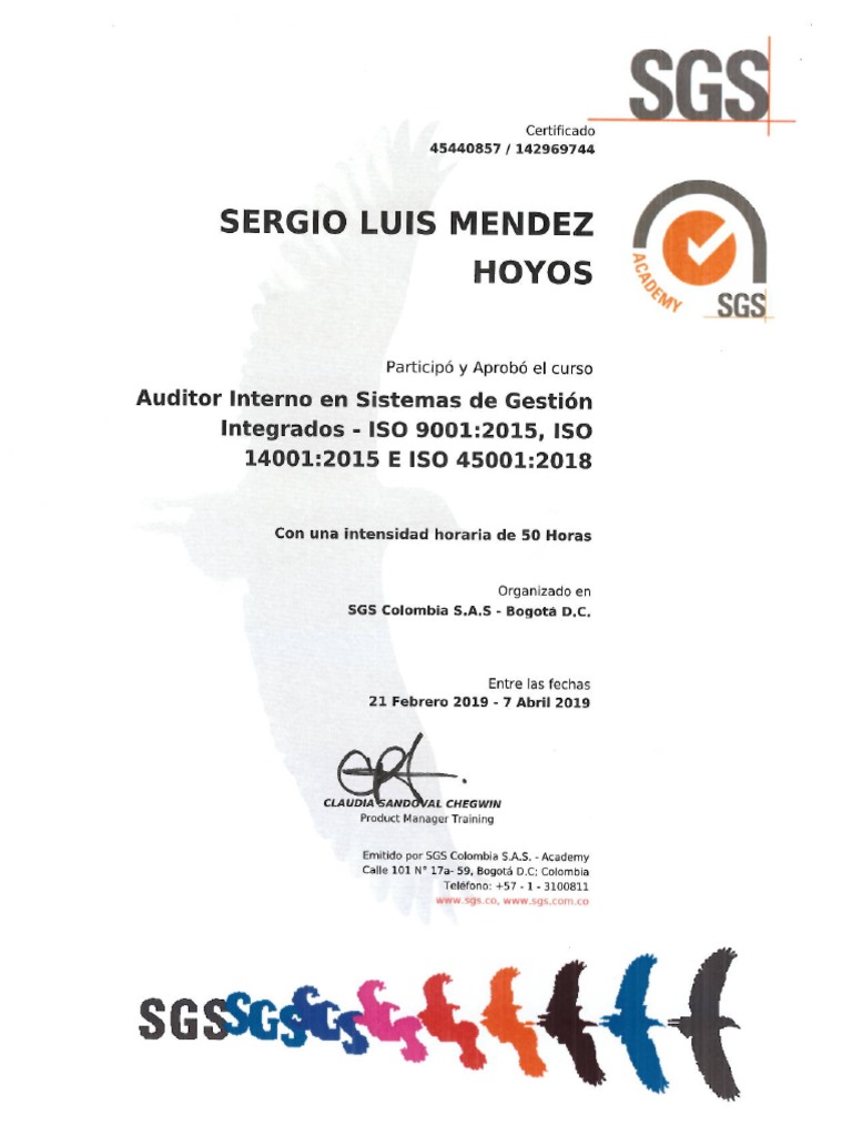 Certificado de Auditor Interno en Sistemas de Gestión Integrada HSEQ ISO 14001ISO 9001 2015