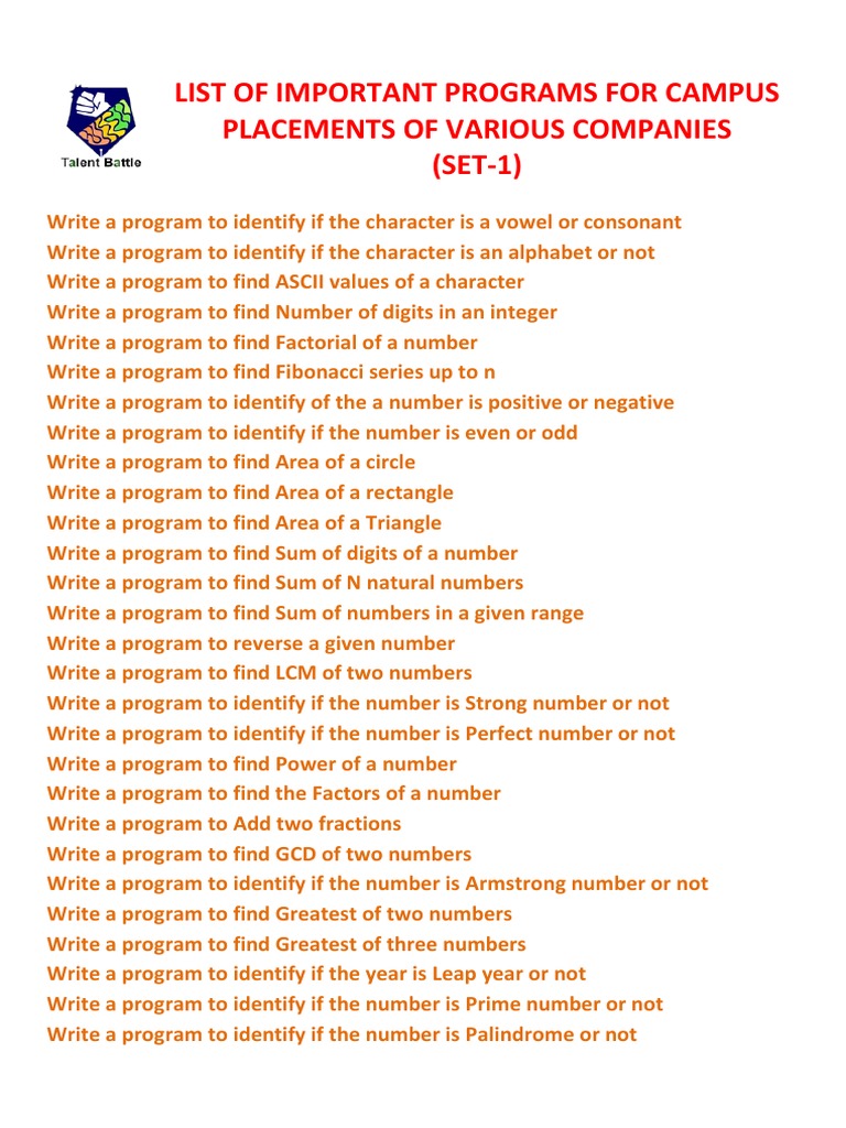 Essential Programming Tasks for Placements | PDF