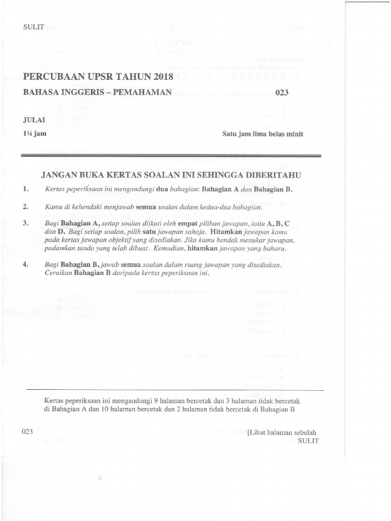 96 UPSR Trial BI (Paper 1) Melaka 2018 SJKC PDF | PDF