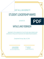 Yellow Student Leadership Award Certificate