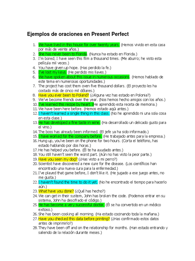 Ejemplos de Oraciones en Present Perfect | PDF