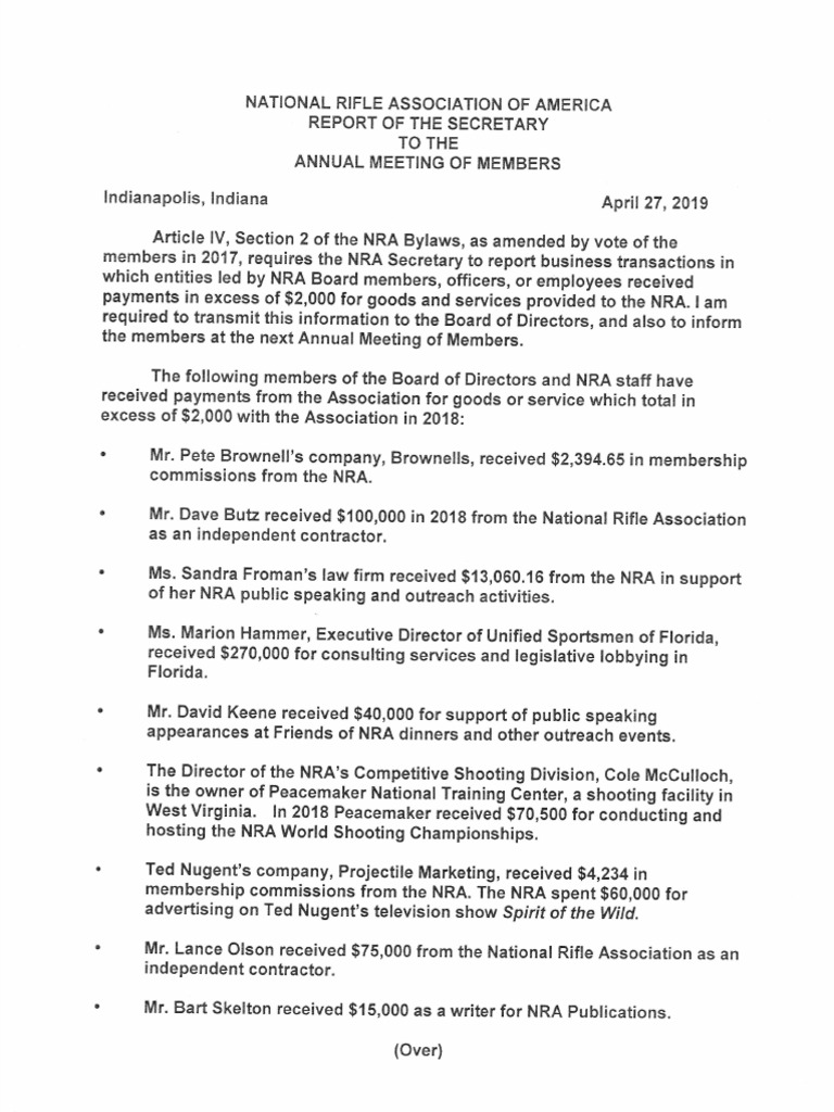 2019 NRA Secretary's Report of Payments To NRA Board Members PDF