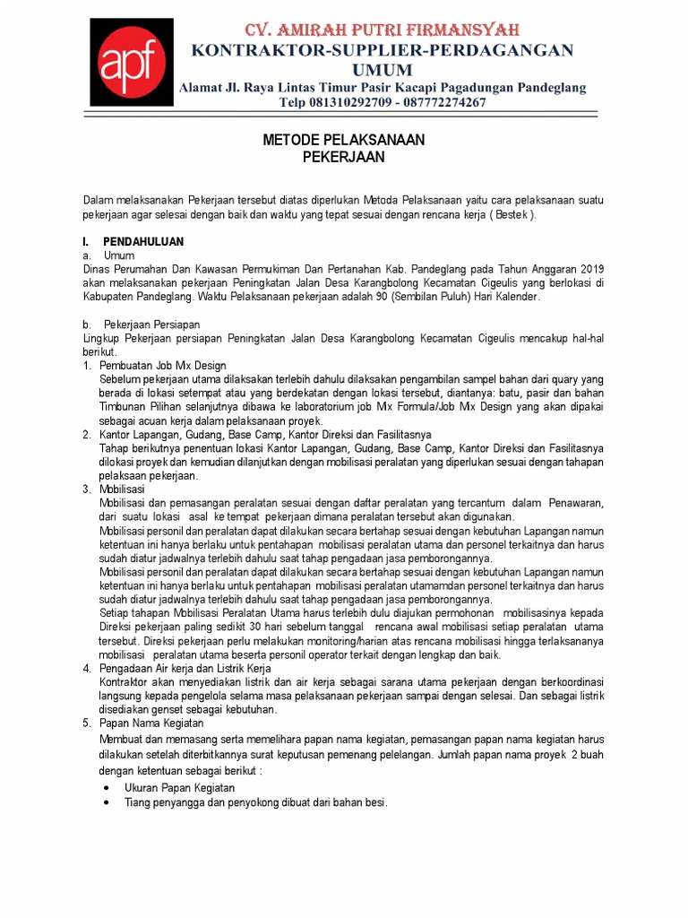 Metode Pelaksanaan Peningkatan Jalan Pandeglang | PDF