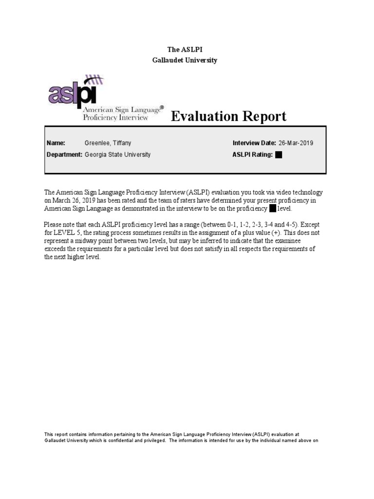 ASL Proficiency Evaluation Report: 2+ | PDF | Wellness