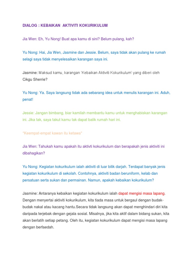 Penulisan Dialog Kebaikan Aktiviti Kokurikulum
