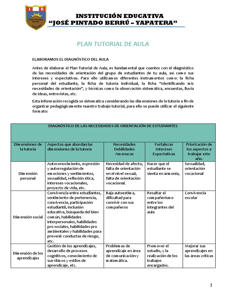 Plan Tutorial de Aula en Secundaria | PDF | Salón de clases | Toma de ...