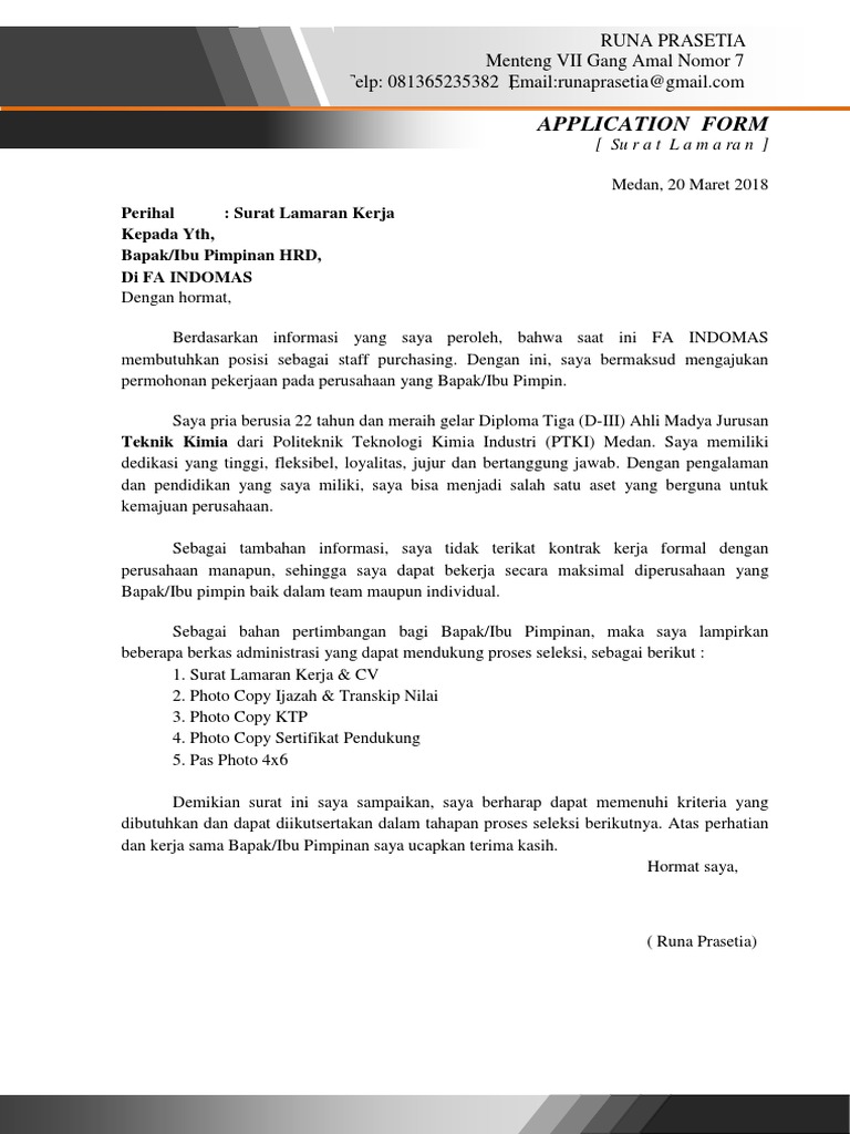 Lamaran Kerja Runa Prasetia di FA Indomas | PDF