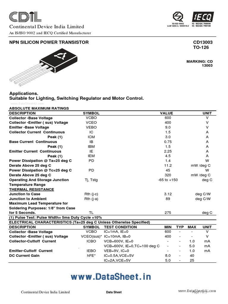 D 13003 A | PDF | Bipolar Junction Transistor | Electronic Engineering