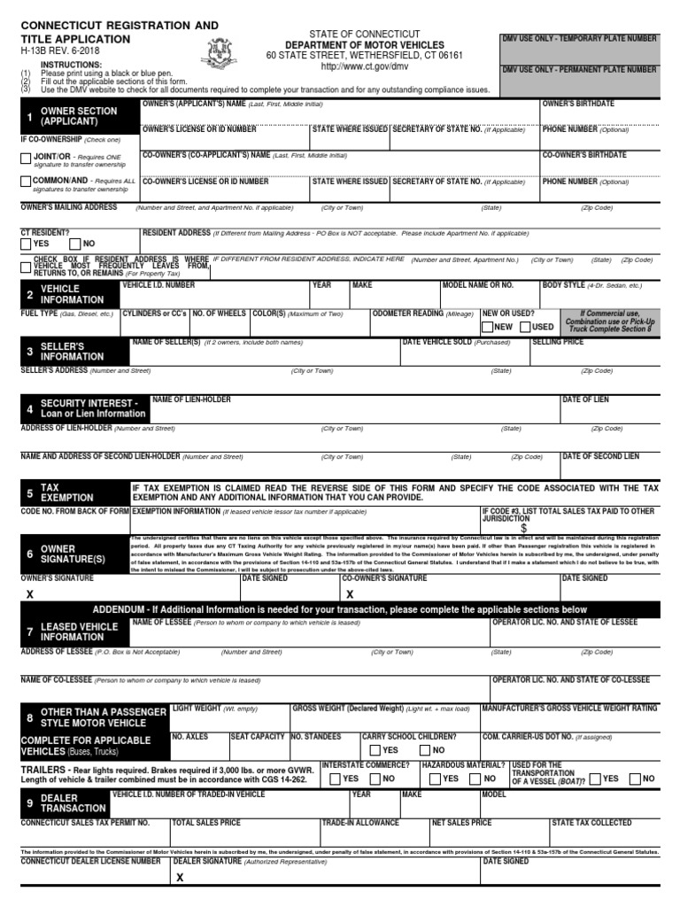 Connecticut Registration and Title Application: Department of Motor ...