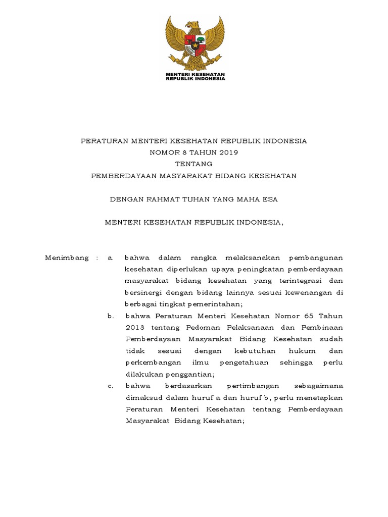 PMK 8 - 2019 TTG Pemberdayaan Masyarakat Bidang Kesehatan | PDF