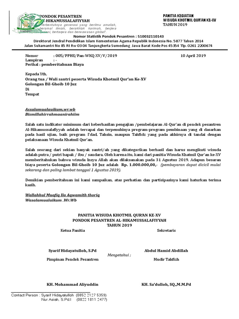 Surat Pembirahuan Biaya Wisuda 10 Juz