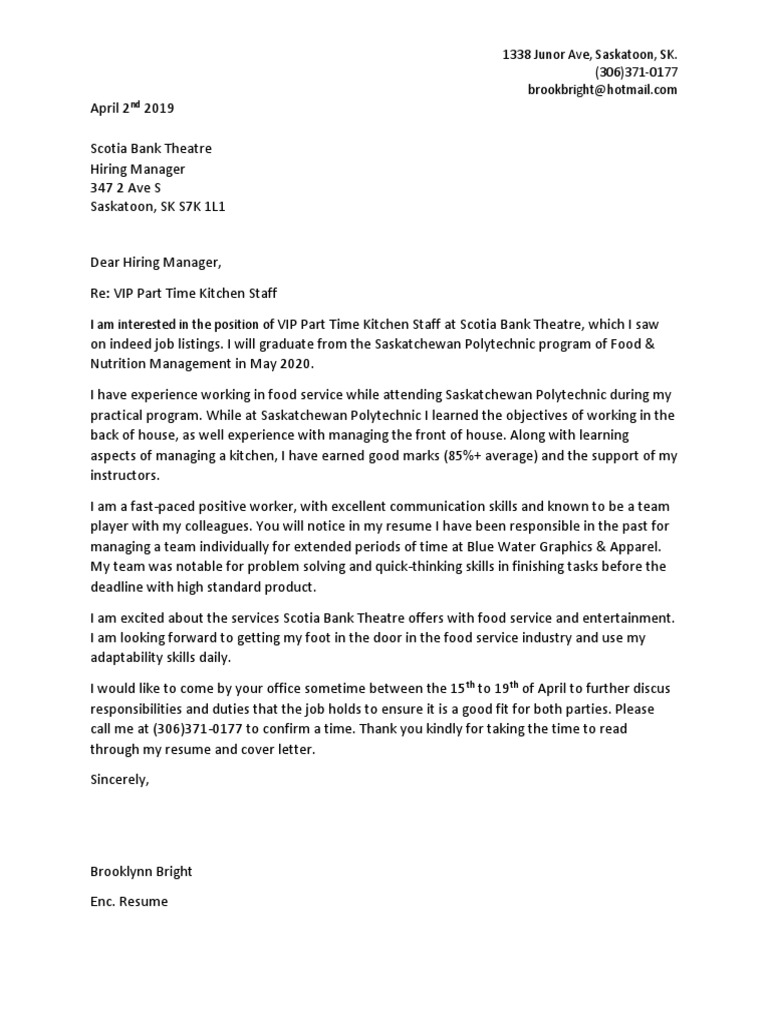 Cover Letter Brooklynn Bright Pdf