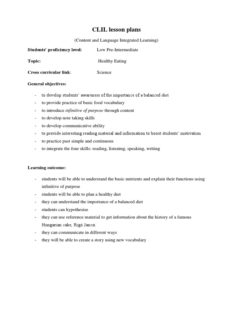 CLIL Lesson Plans: Healthy Eating | PDF | Lesson Plan | Vocabulary
