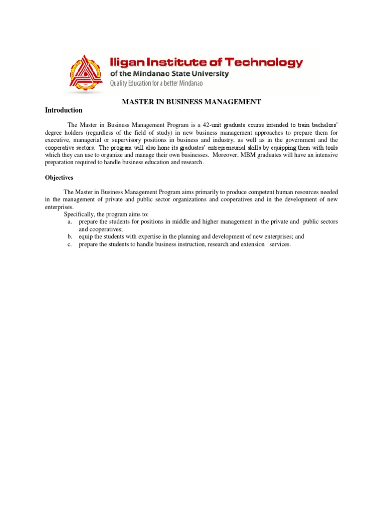 Master In Business Management Pdf Bachelor S Degree University