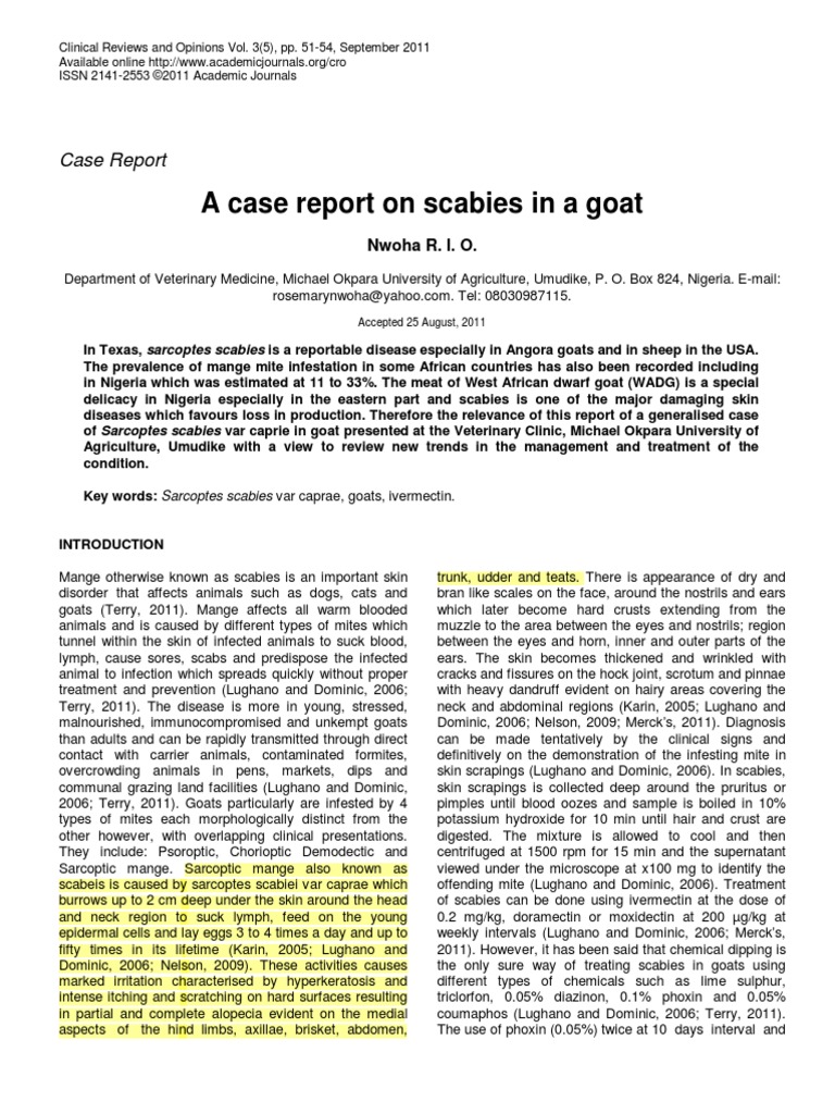 A Case Report On Scabies in A Goat | PDF | Medical Specialties ...