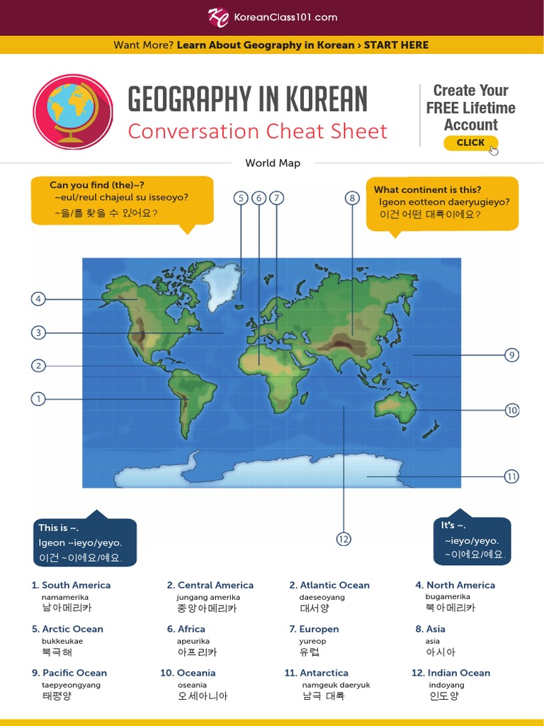 Geography in Korean Conversation Cheat Sheet PDF Earth Sciences