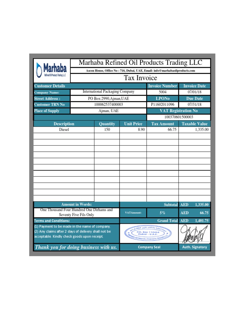 Invoice for Refined Oil Products | PDF
