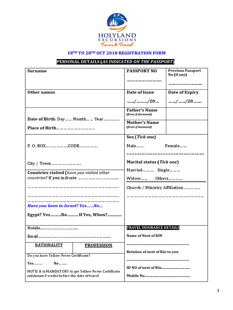 Registration Form Israel and Egypt Pilgrimage Oct 2018 | PDF | Travel ...