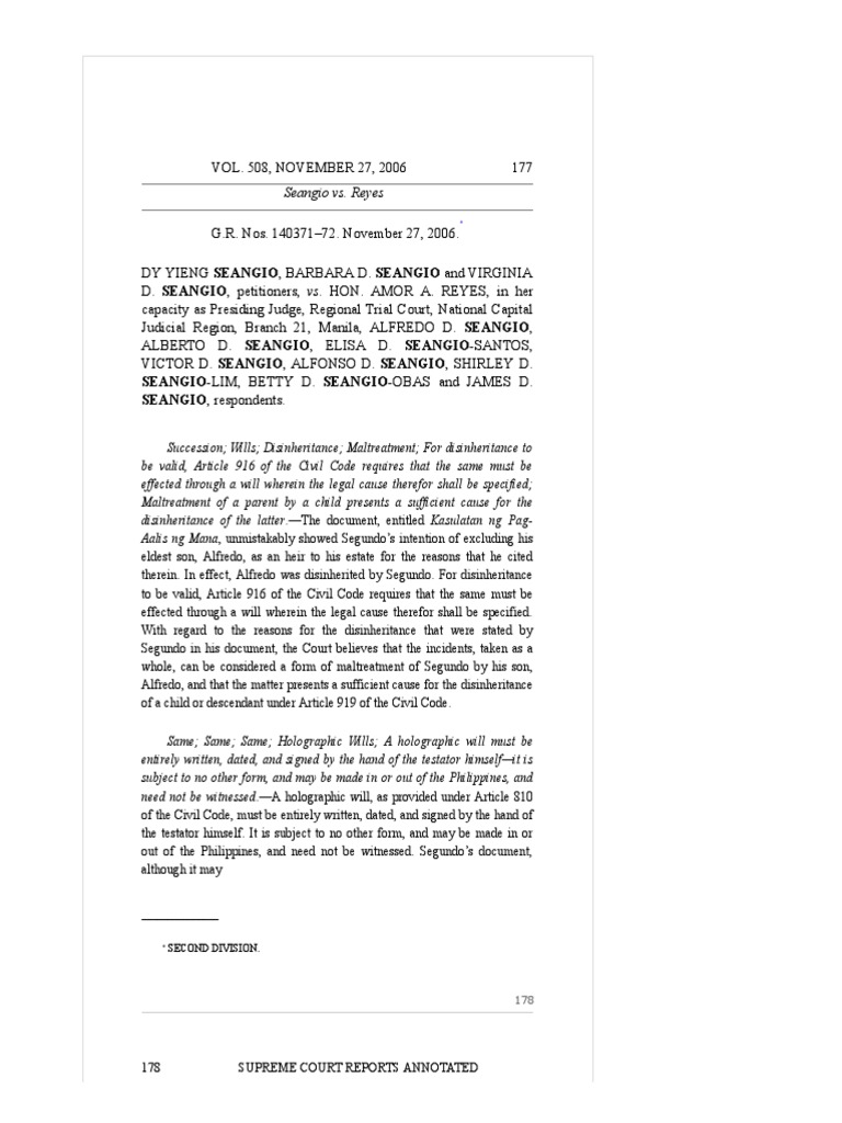Seangio V Reyes | PDF | Will And Testament | Intestacy
