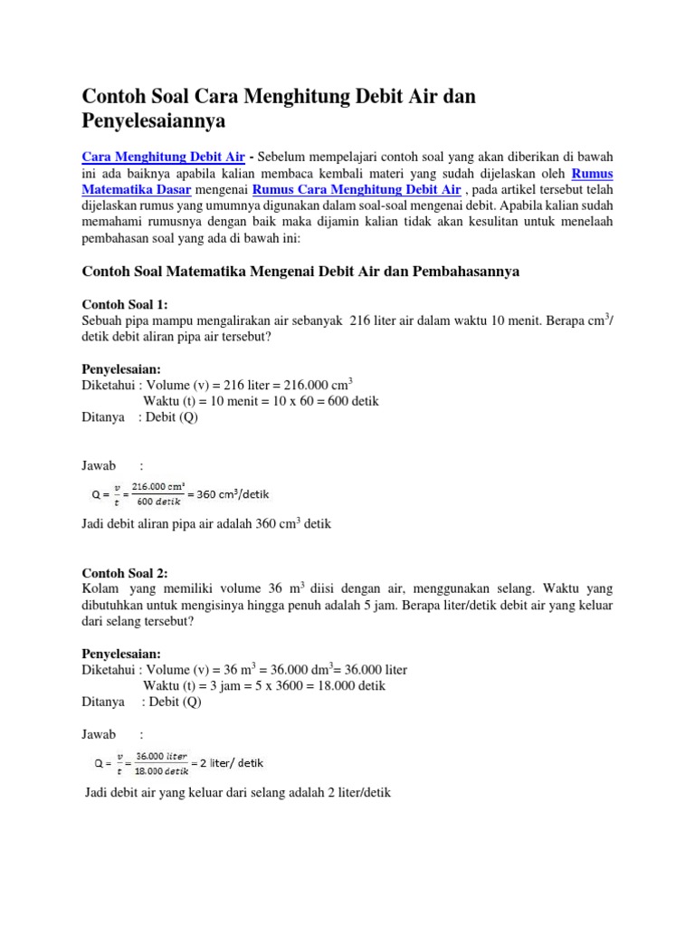 Contoh Soal Cara Menghitung Debit Air Dan Penyelesaiannya