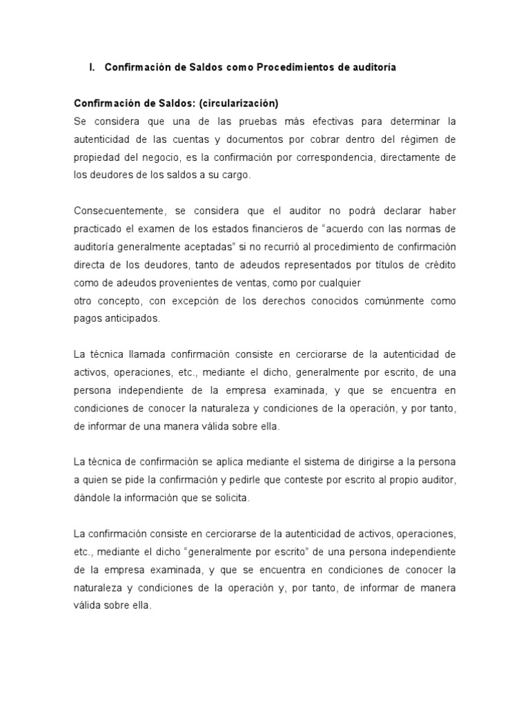 Confirmación de Saldos como Procedimientos de auditoría