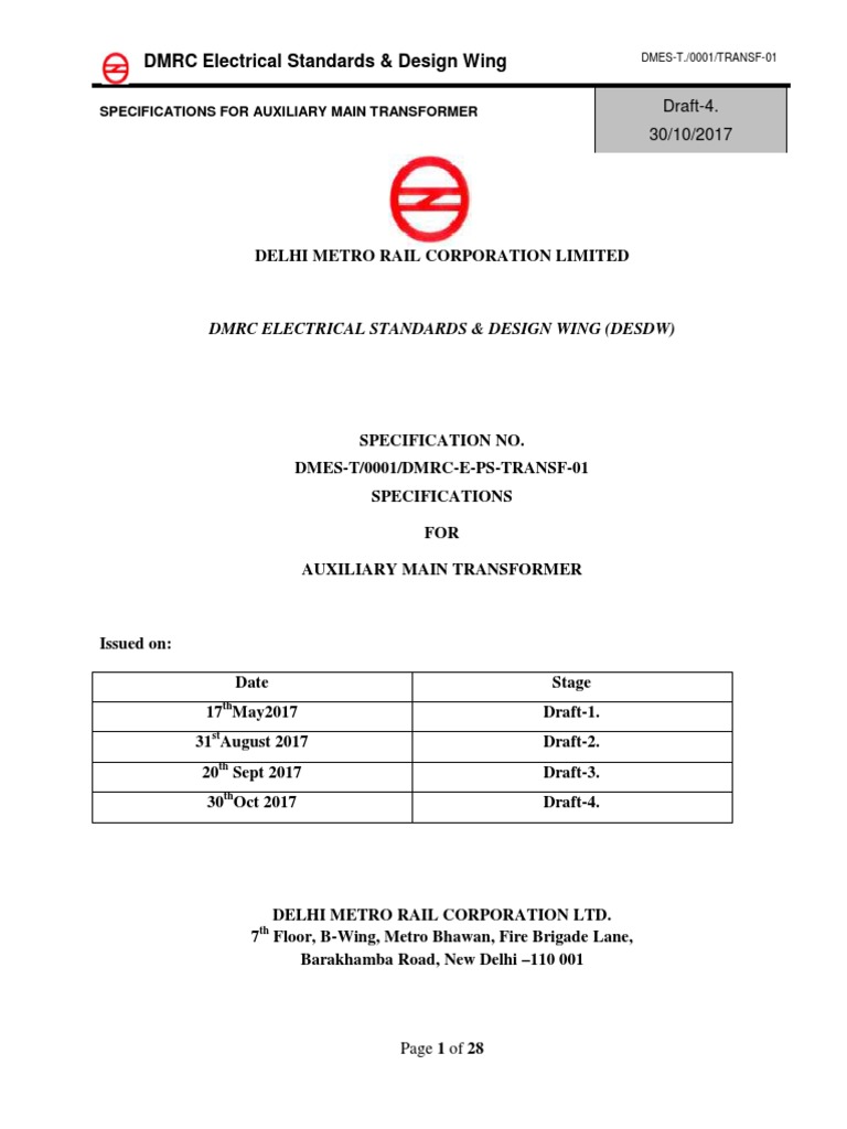 DMRC Electrical Standards & Design Wing (Desdw) | PDF | Transformer ...