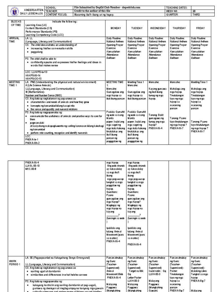 Kindergarten Daily Lesson Plan: Animals | PDF | Cognition ...