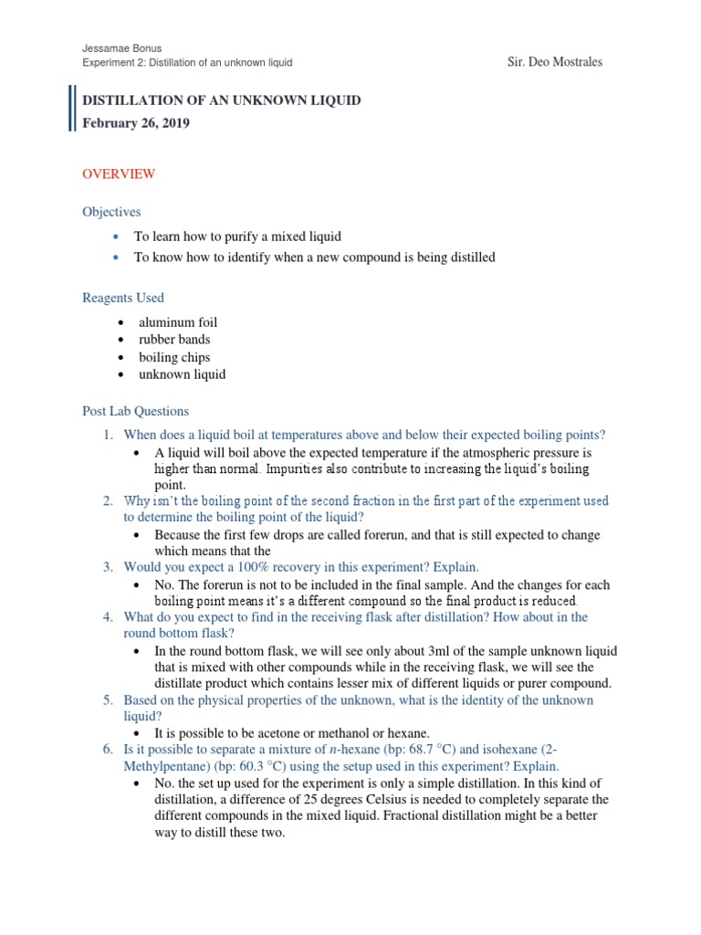 Post Lab Expermient 2 Distillation of An Unknown Liquid | PDF ...