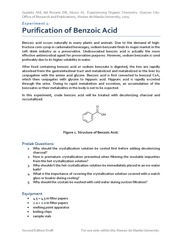 Experiment 1 Recrystallization of Benzoic Acid PDF Filtration