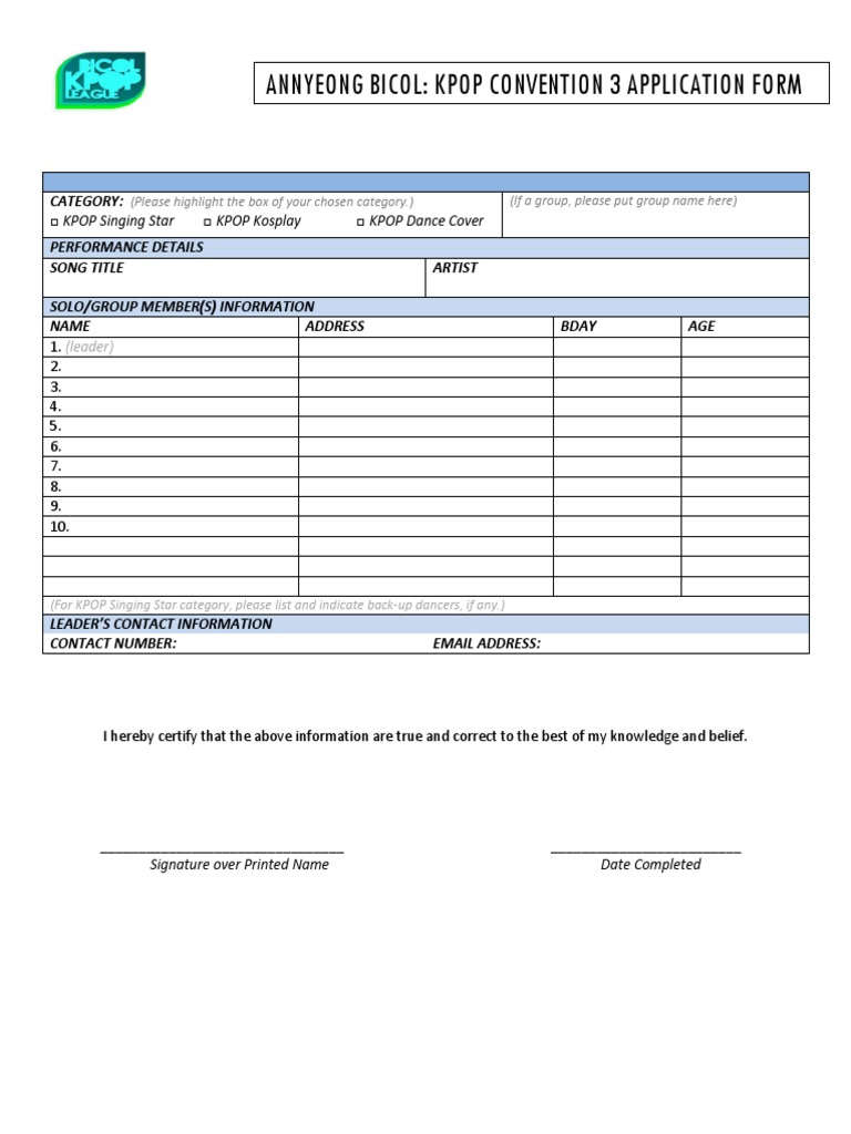 KPOP Convention 3 Application Form | PDF