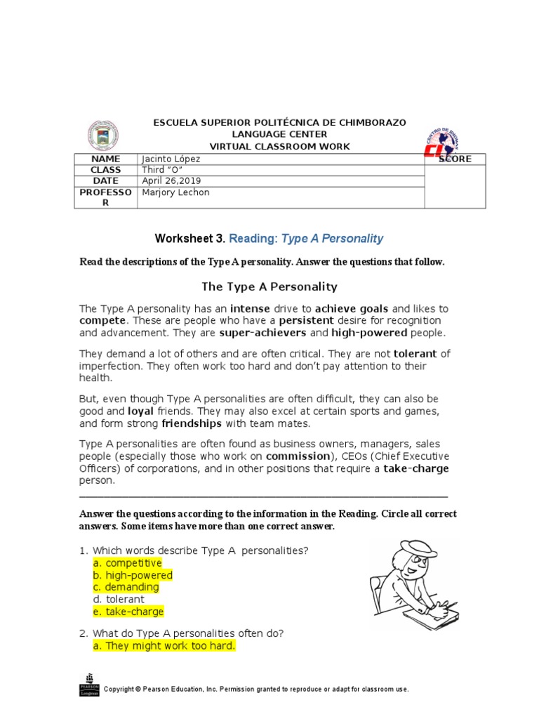 Worksheet 3.: Read The Descriptions of The Type A Personality. Answer ...