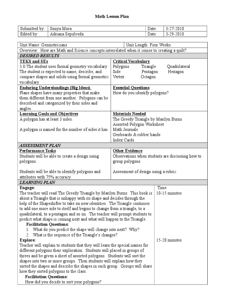 5e Lesson Plan Polygons Geometric Objects Elementary Geometry