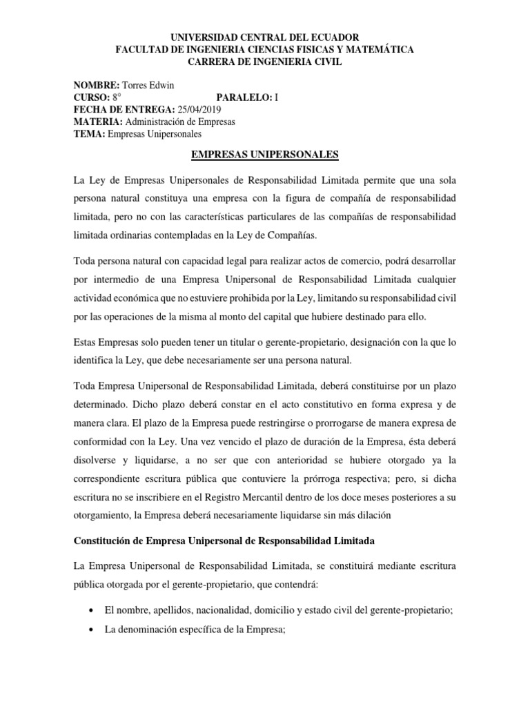 Empresas Unipersonales Docx Propiedad Ingenieria