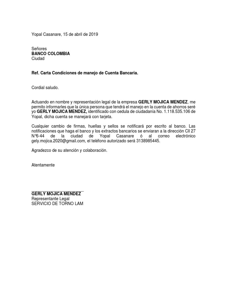 Carta Condiciones De Manejo De Cuenta Bancaria Pdf