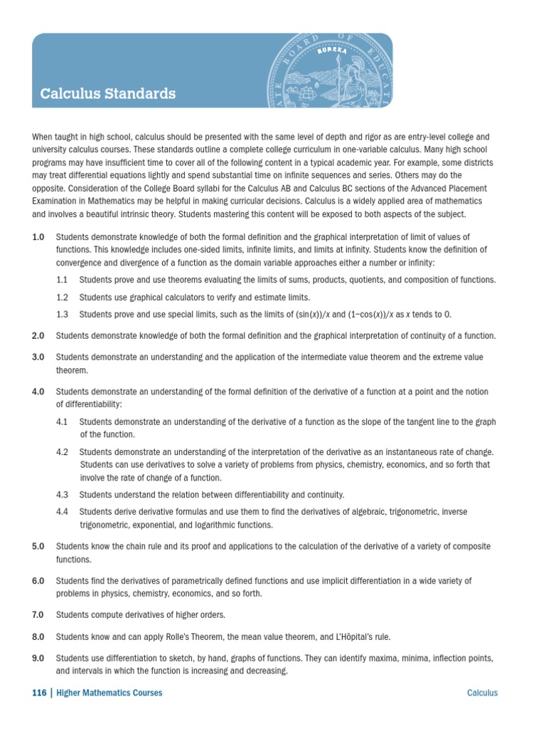High School Calculus Curriculum Standards | PDF | Integral | Derivative