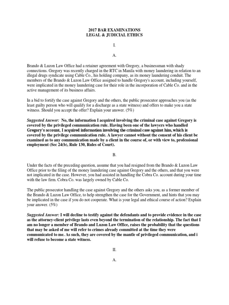 2017 Legal Ethics Bar Q&A PDF AttorneyClient Privilege Lawyer