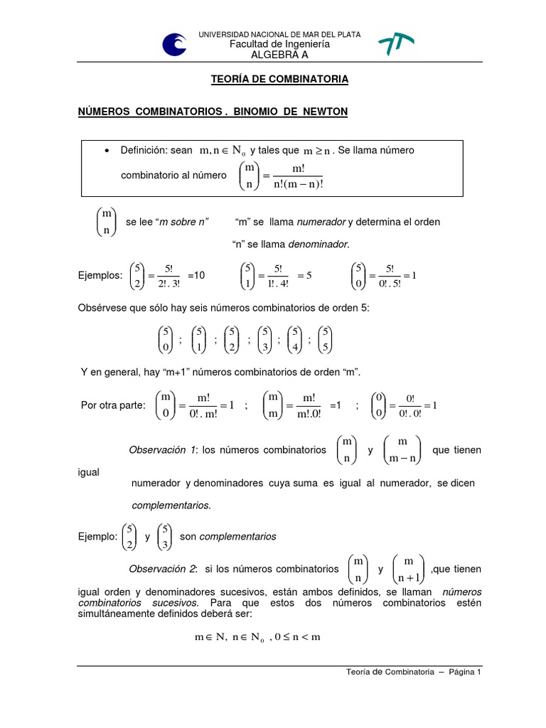 Propiedades de los Números Combinatorios | PDF | Combinatoria ...