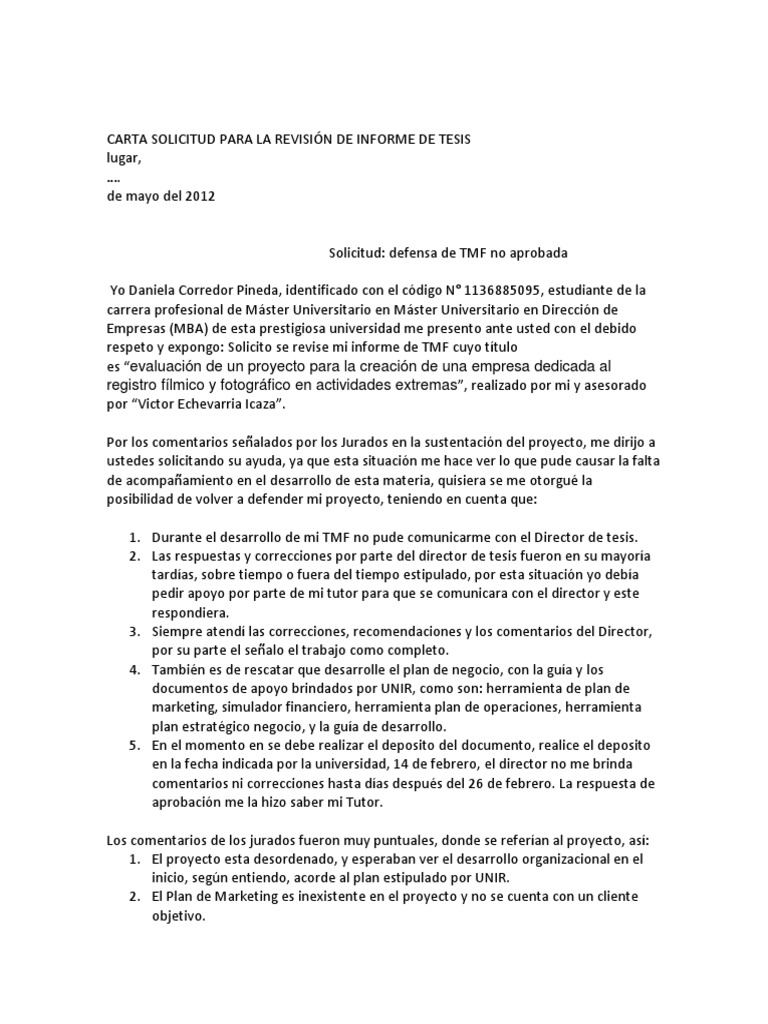 Carta Solicitud Para La Revision De Informe De Tesis Business