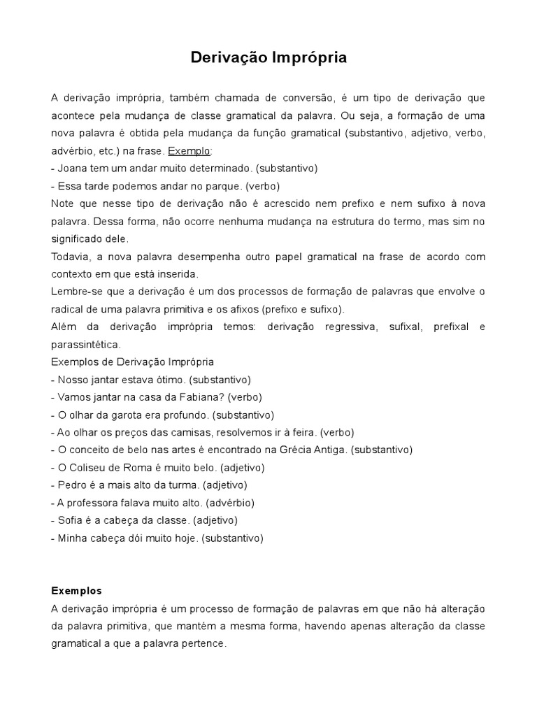 Exemplos de Derivação Imprópria | PDF | Substantivo | Palavra