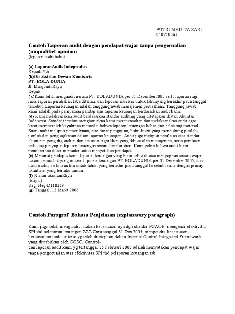 Contoh Laporan Audit Dengan Pendapat Wajar Tanpa Pengecualian