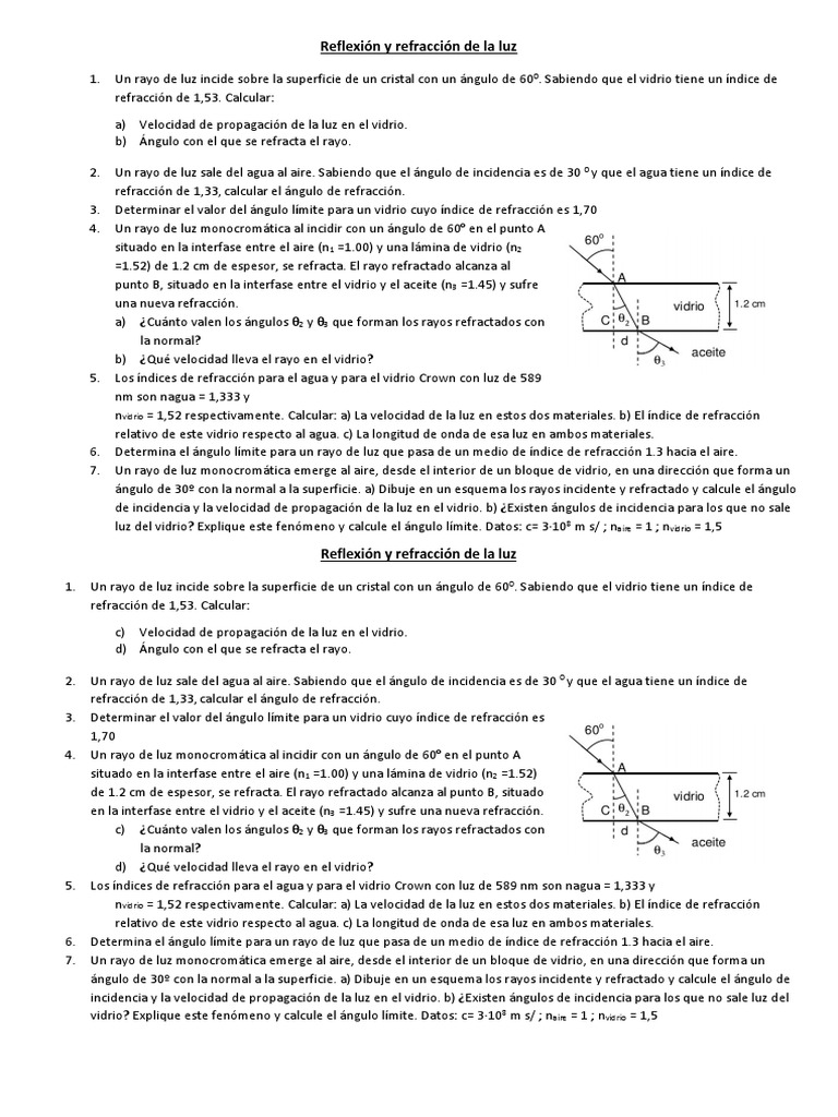 Ejercicios de Reflexión y Refracción de Luz | PDF | Refracción | Índice ...