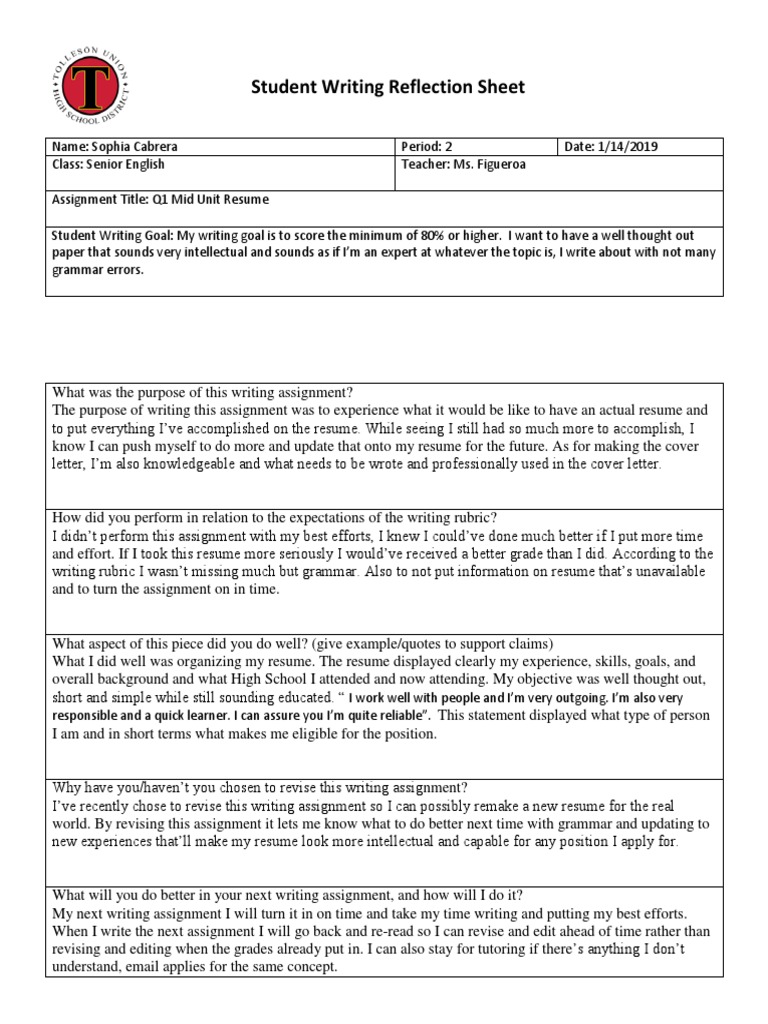 Student Writing Reflection on Resume | PDF | Goal | Rubric (Academic)