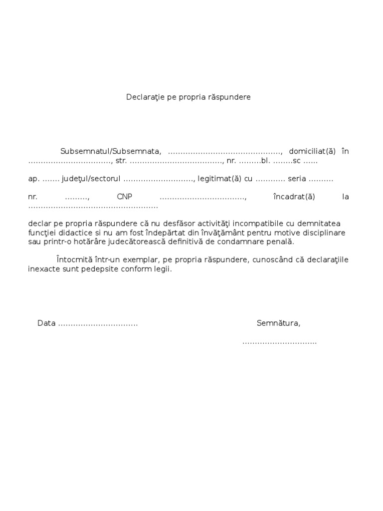 Declaratie Pe Propria Raspundere Pdf