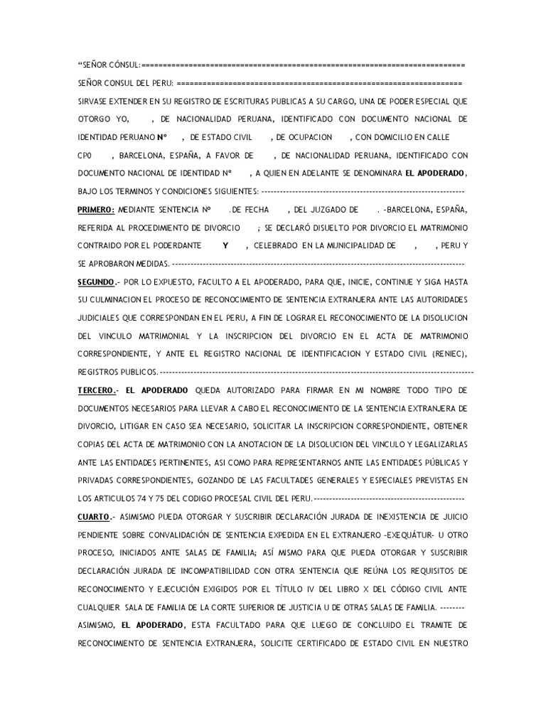 Modelo de- Poder Para Reconocimiento de Sentencia de Divorcio Exequatur